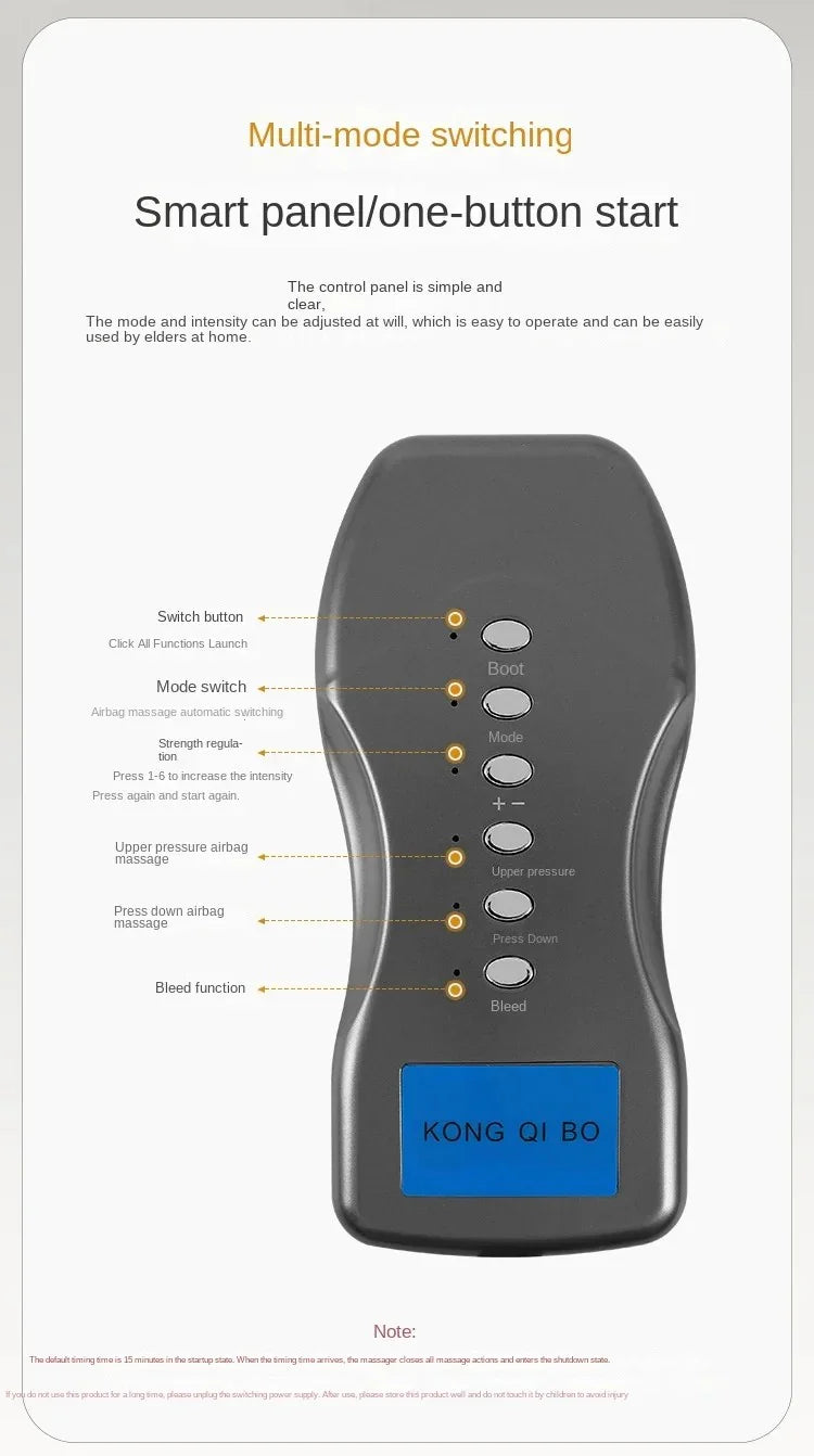Smart massage controller with buttons for boot, mode, intensity, upper and down airbag massage, and bleed function