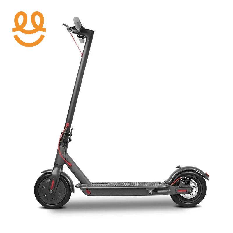 Black electric scooter with red brake cables, folding stem, and textured foot deck on white background