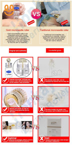 Comparison of gold microneedle roller vs traditional roller highlighting convenience, technology, and packaging