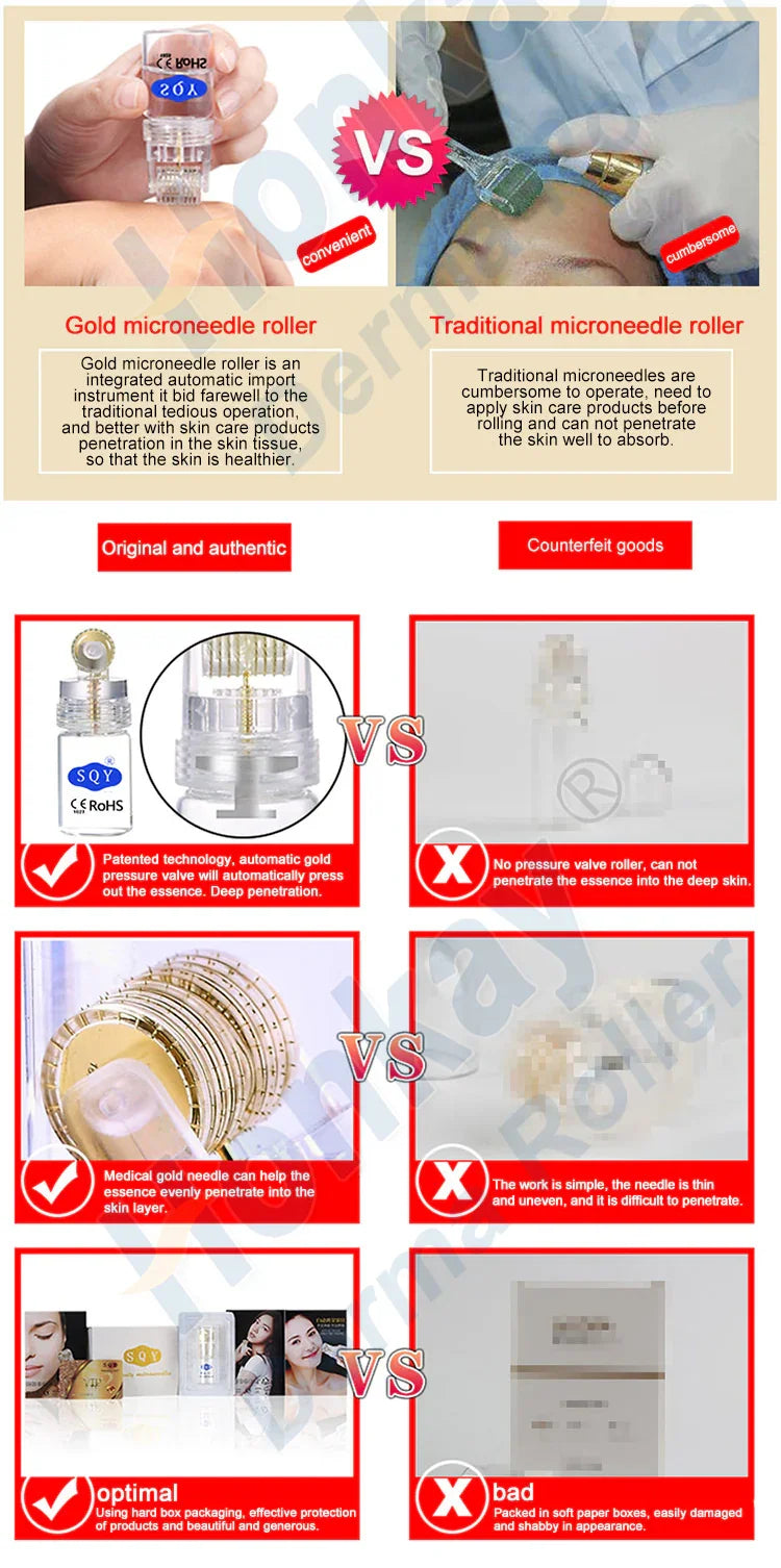 Comparison of gold microneedle roller vs traditional roller highlighting convenience, technology, and packaging