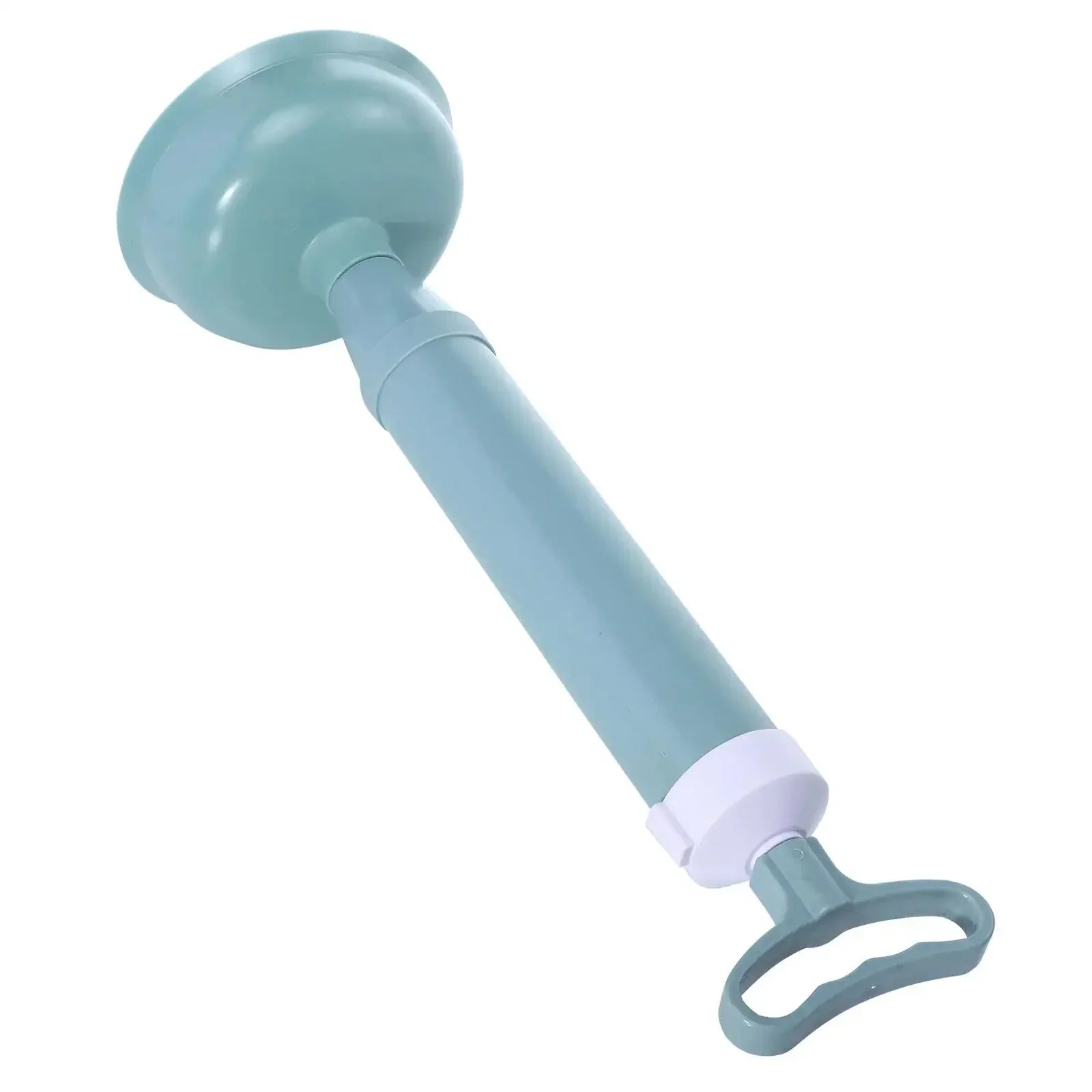 blue and white manual toilet plunger with pump handle on white background