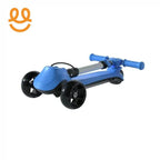 Folded blue and black kids scooter with three wheels and blue handle grips on white background