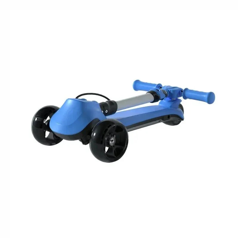 Folded blue and black kids scooter with three wheels and blue handle grips on white background