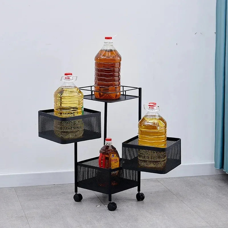 Black metal tiered storage cart with mesh baskets holding large plastic bottles of cooking oil on gray floor