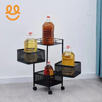 Black metal tiered storage cart with mesh baskets holding large plastic bottles of cooking oil on gray floor