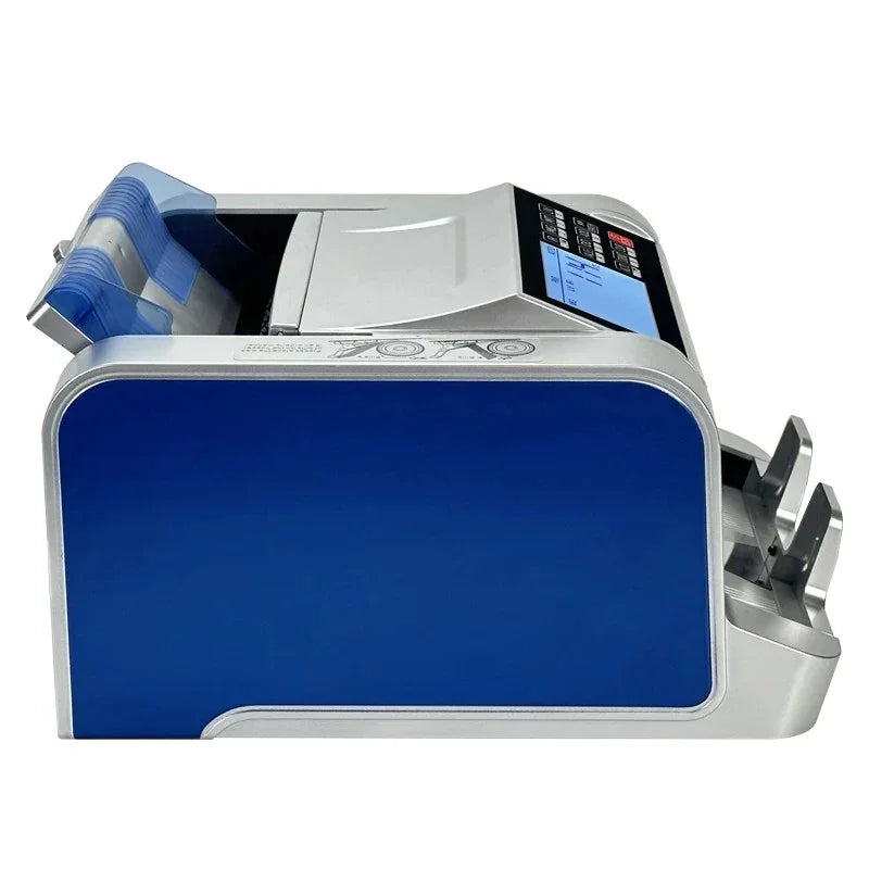Blue and silver digital currency bill counter with control panel and clear plastic bill holder