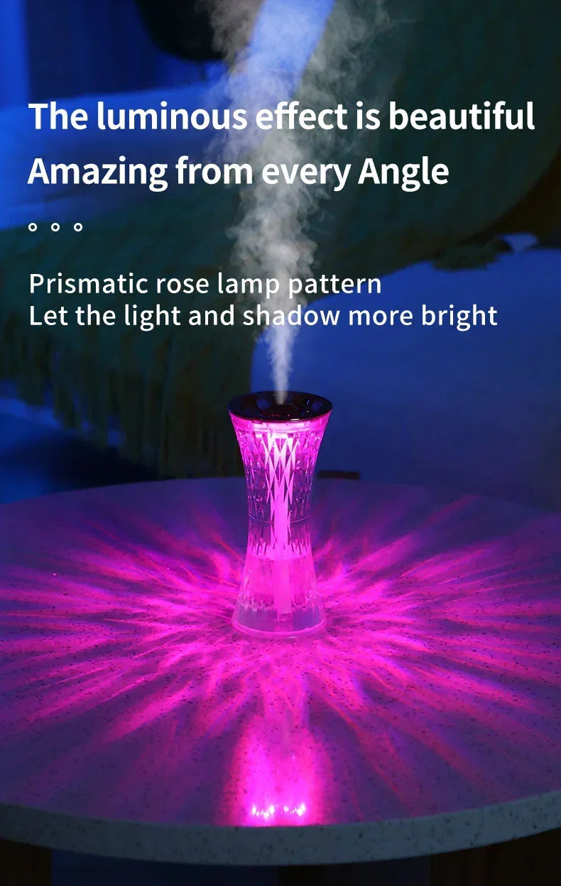 Prismatic rose lamp emitting pink light and steam on a round table in dim room