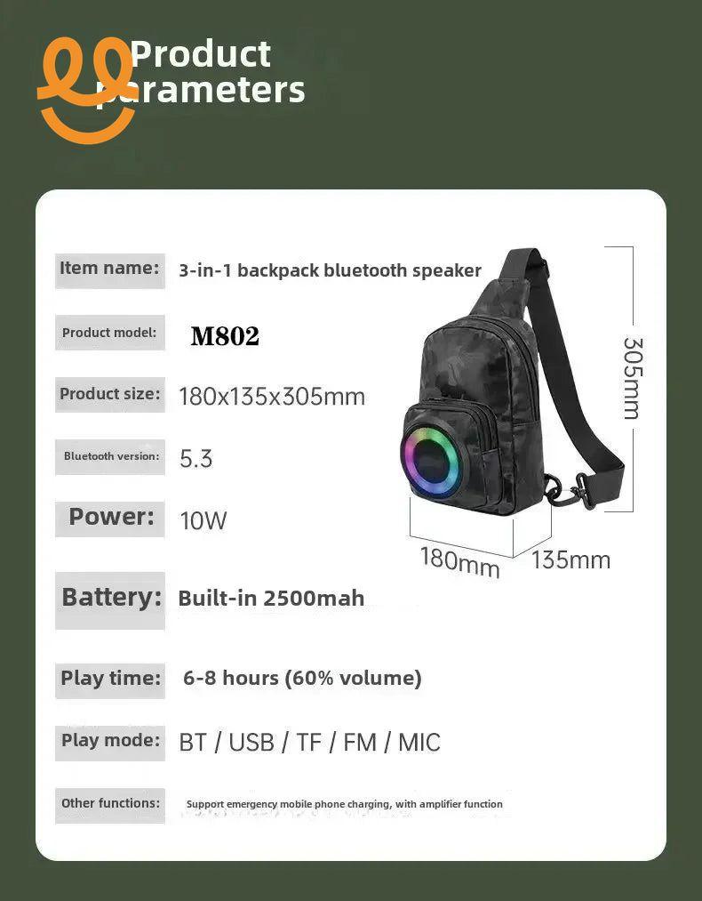 3-in-1 black backpack Bluetooth speaker with colorful LED light, model M802, 180x135x305mm, 10W power