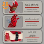 Red robotic toy arm with water bomb launcher and anti-slip Velcro wrist strap for secure play