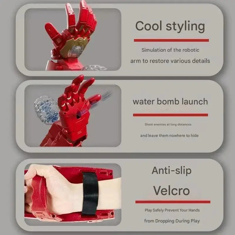 Red robotic toy arm with water bomb launcher and anti-slip Velcro wrist strap for secure play