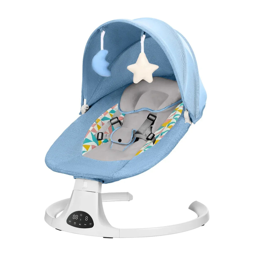 Blue baby rocker with canopy, adjustable straps, star and moon soft toys, and digital control panel