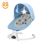 Blue baby rocker with canopy, adjustable straps, star and moon soft toys, and digital control panel
