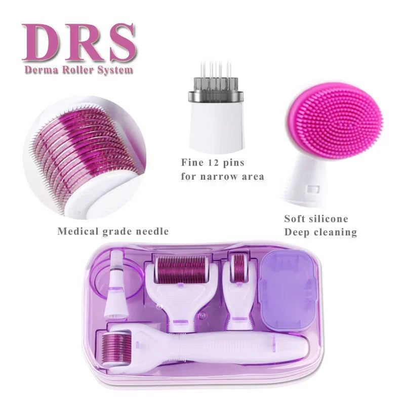 Derma Roller System kit with medical grade needles, fine 12-pin head, soft silicone deep cleaning brush in purple case