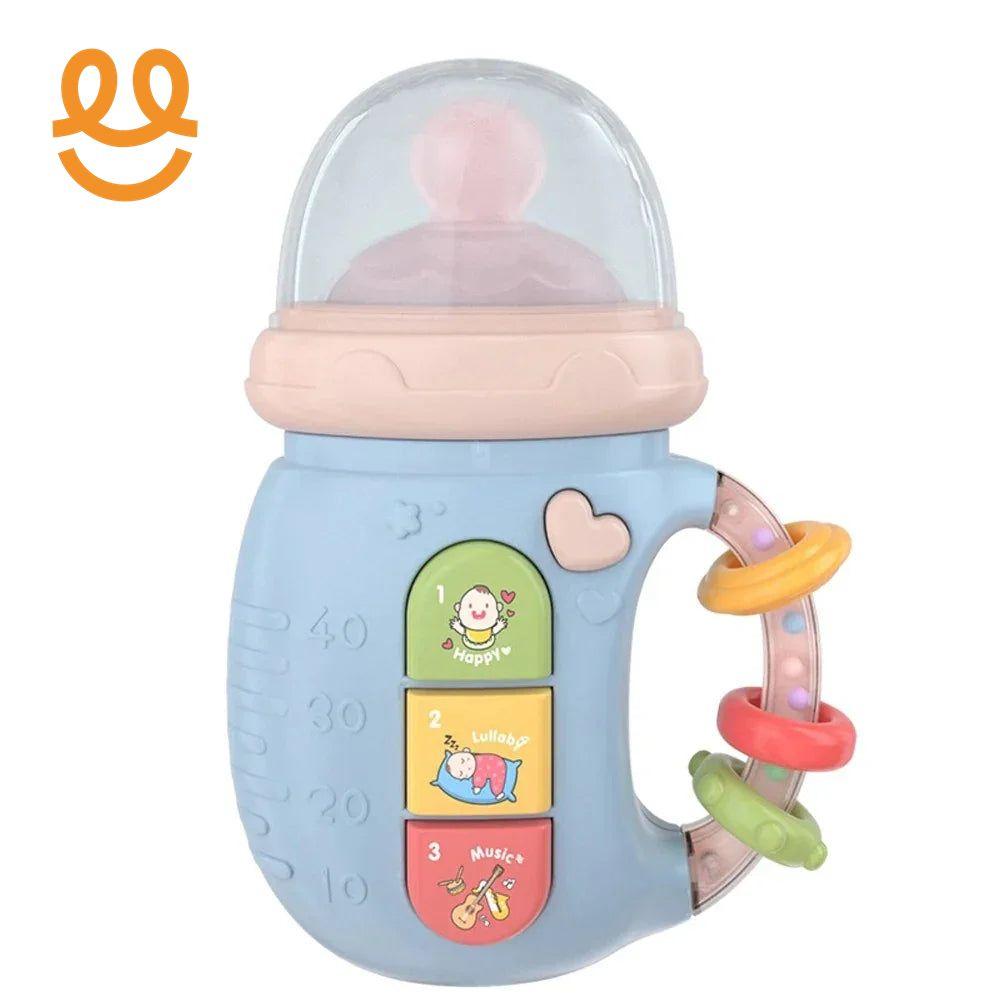 Blue baby rattle toy shaped like a bottle with colorful rings, heart button, and musical nursery rhyme buttons