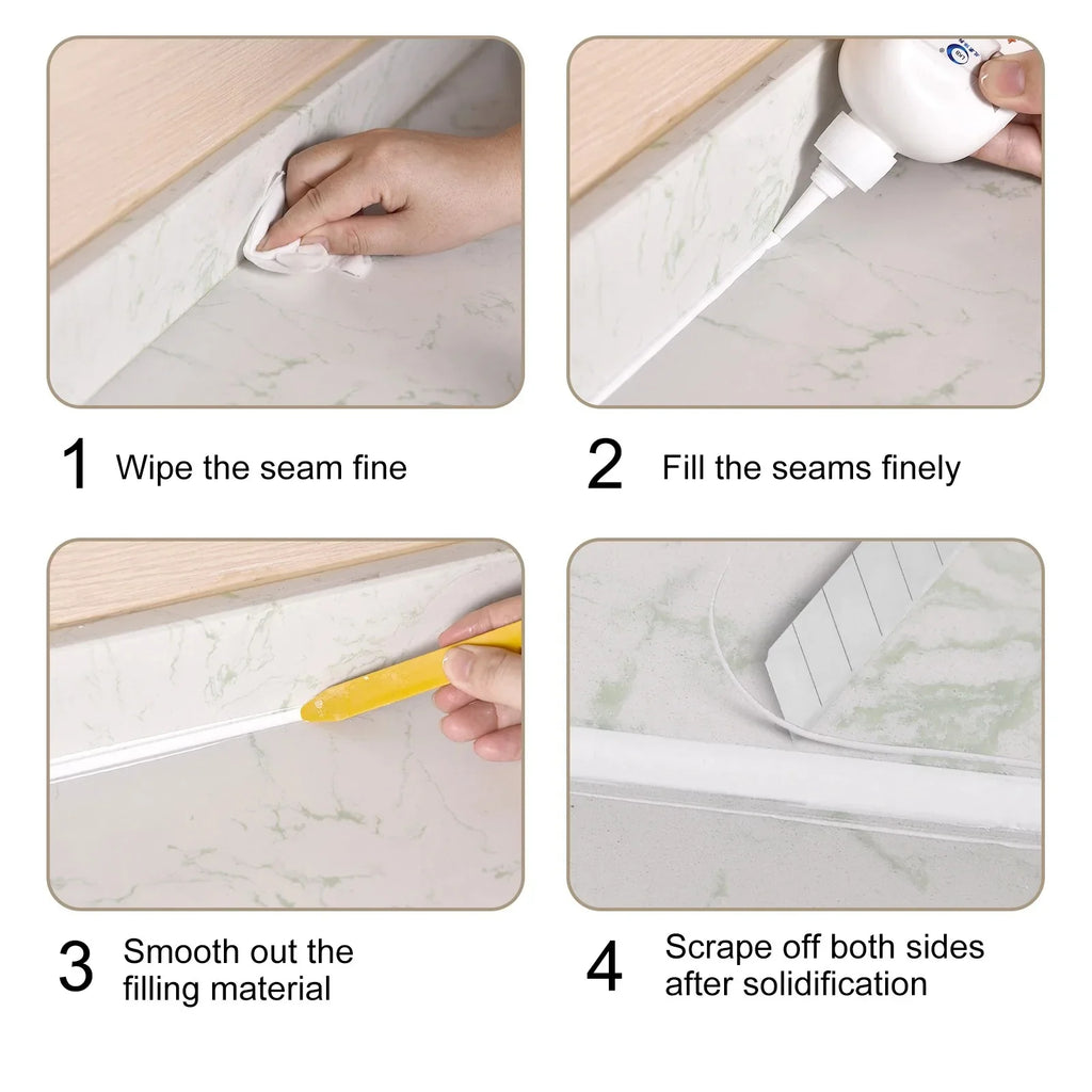 Step-by-step guide on cleaning and filling seams on marble-like surface with caulking material