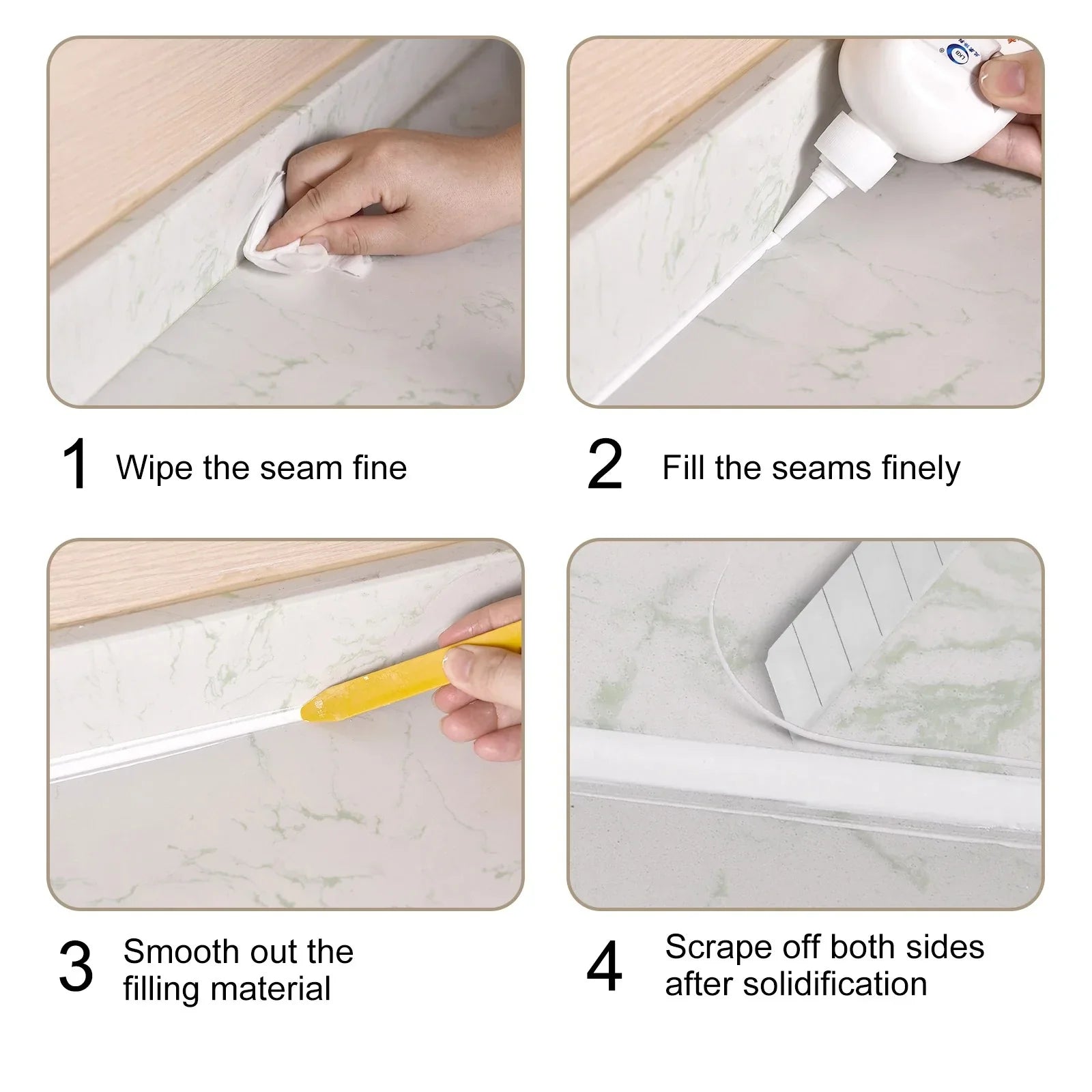 Step-by-step guide on cleaning and filling seams on marble-like surface with caulking material