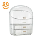 Transparent plastic storage box with two drawers and curved top lid, beige handles