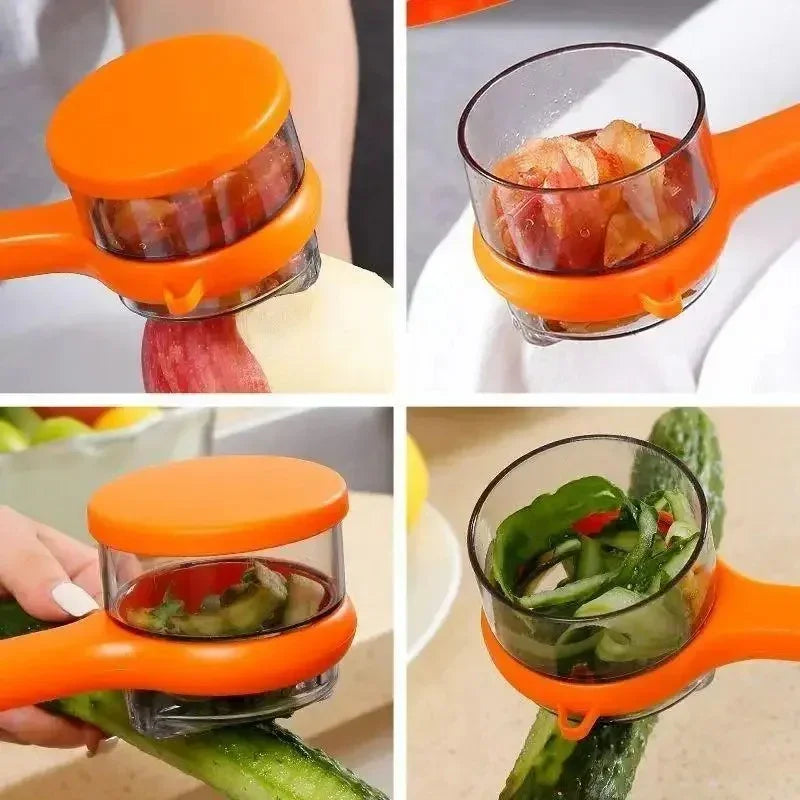 Orange handheld vegetable spiralizer peeling apple and cucumber with fresh fruit and vegetables