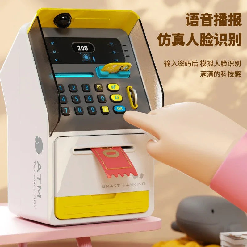 Mini ATM toy with numeric keypad, yellow and gray design, dispensing red play money