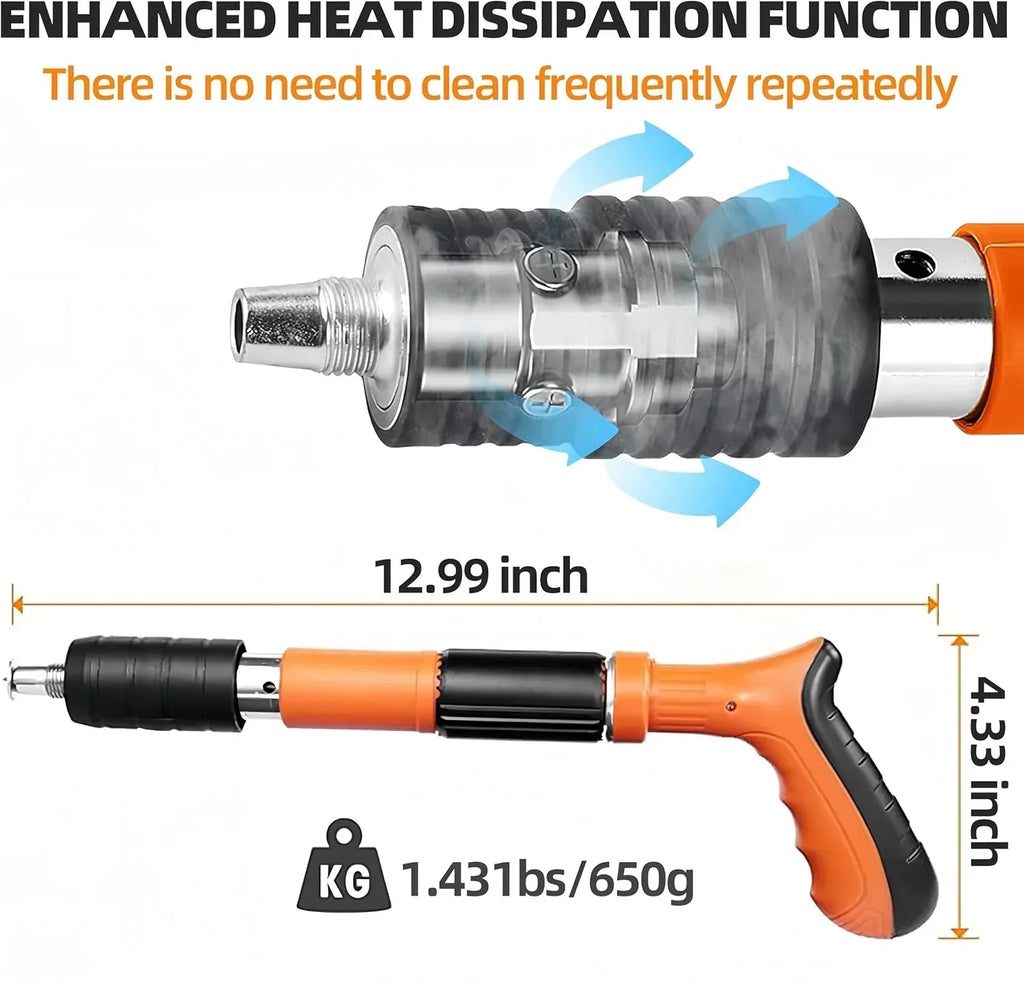 Orange and black heat gun with enhanced heat dissipation, measuring 12.99 inch by 4.33 inch, weighing 1.431 lbs