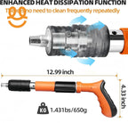 Orange and black heat gun with enhanced heat dissipation, measuring 12.99 inch by 4.33 inch, weighing 1.431 lbs