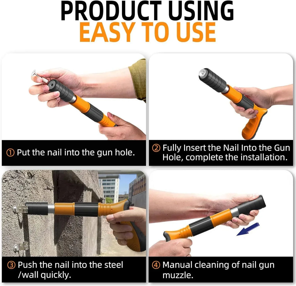 Step-by-step use of orange and black manual nail gun with nail insertion, firing, and cleaning