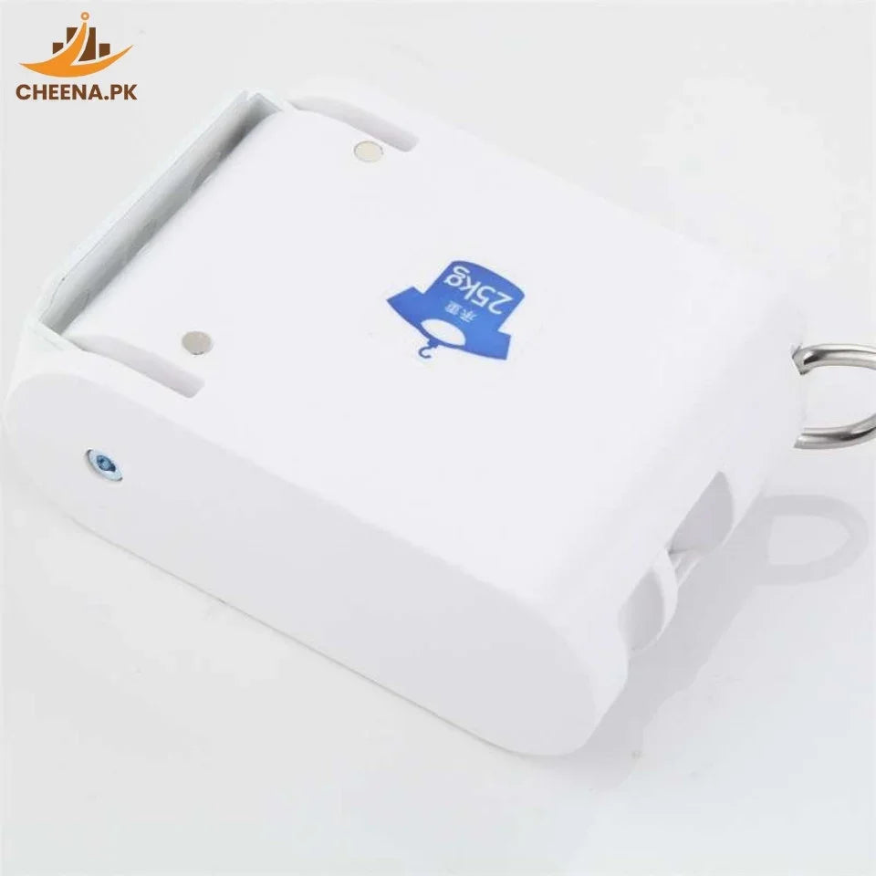 White plastic retractable clothesline device with metal hook and 25kg weight capacity label