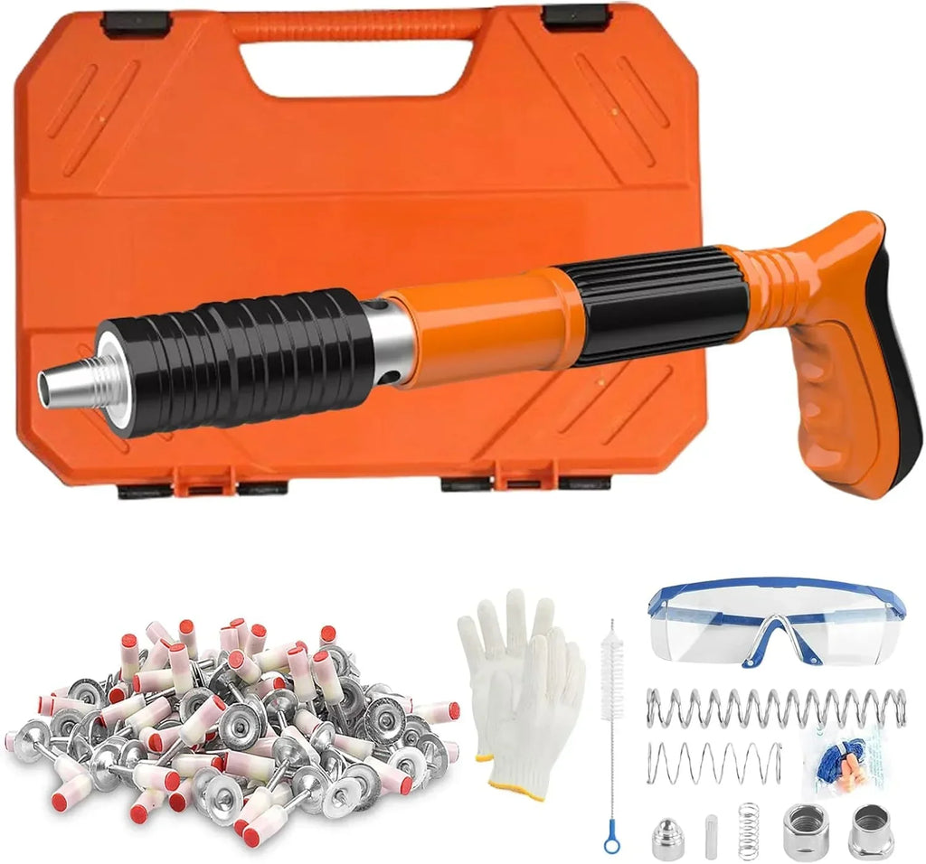 Orange and black dent puller with carrying case, safety glasses, gloves, hooks, springs, and accessories kit