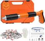 Orange and black dent puller with carrying case, safety glasses, gloves, hooks, springs, and accessories kit