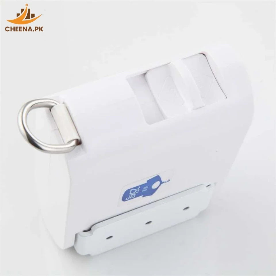 White portable bag clip or seal with metal ring and blue logo on a white background
