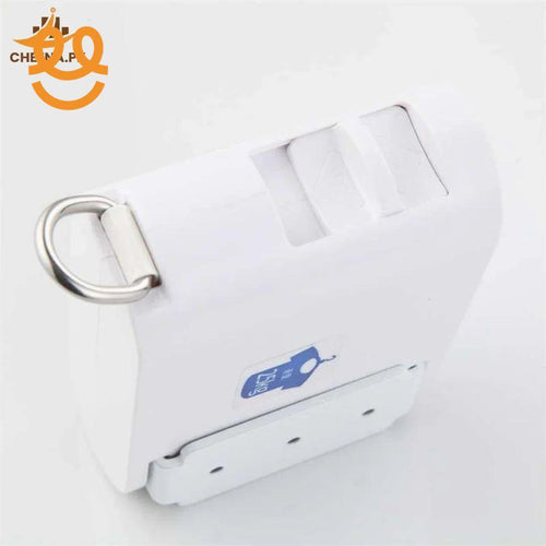 White portable bag clip or seal with metal ring and blue logo on a white background