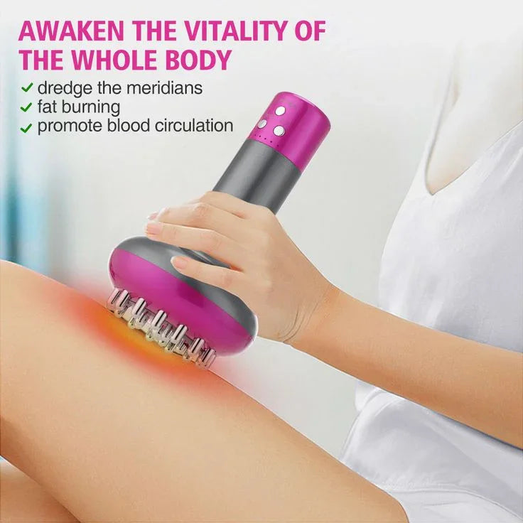 Person using handheld fat-burning massager on thigh to promote blood circulation and awaken vitality