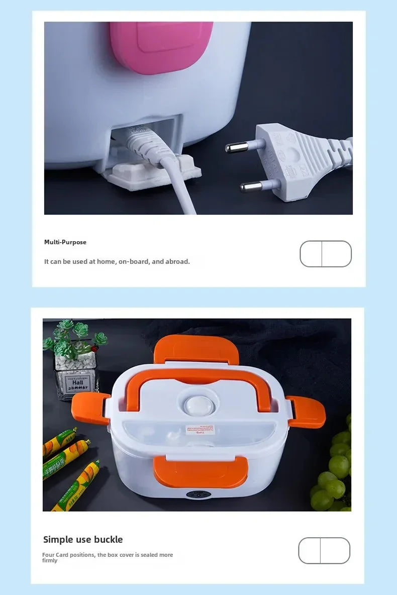 Electric lunch box with white body and orange handles, sealed with simple use buckle on black surface