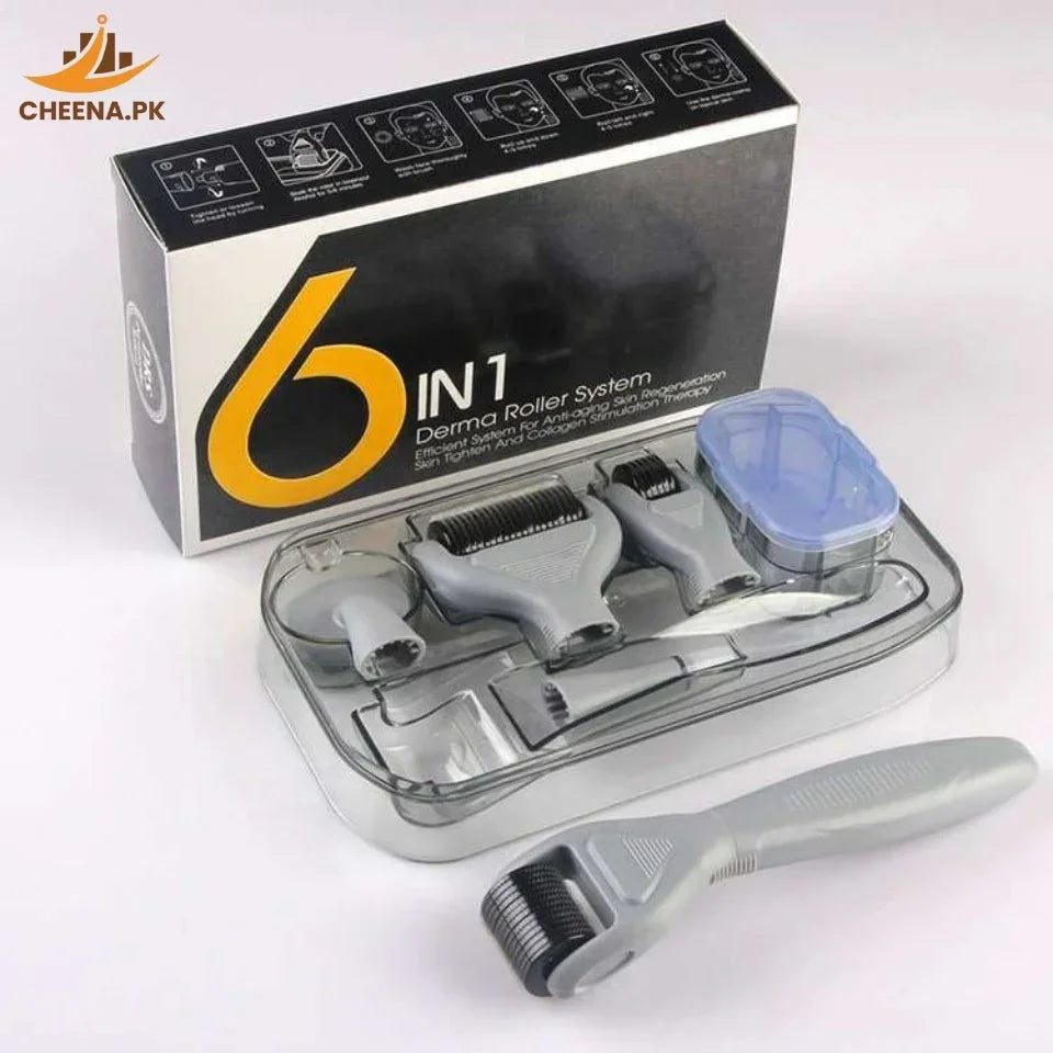 6-in-1 Derma Roller System kit with multiple roller heads and storage case for skin care