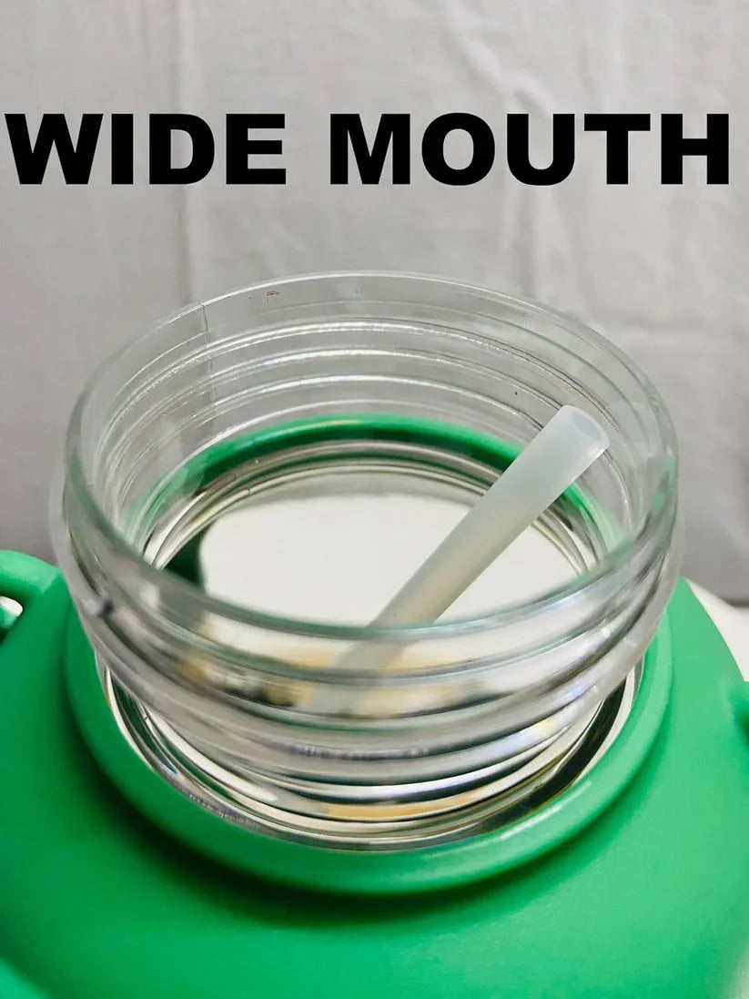 Close-up of a green wide mouth water bottle with a clear straw inside