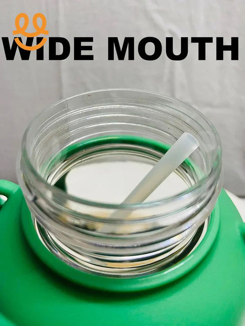 Close-up of a green wide mouth water bottle with a clear straw inside