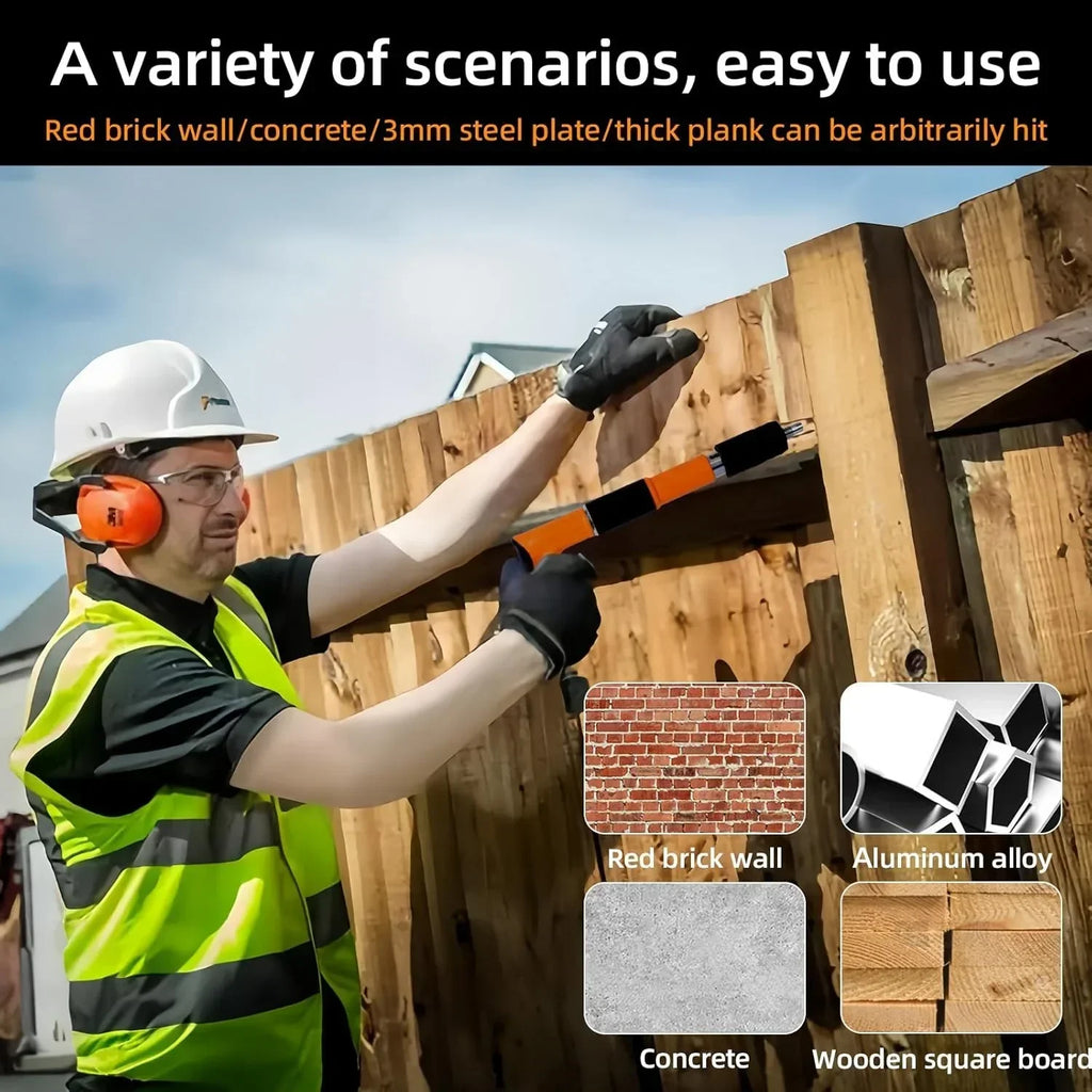 Worker in safety gear using hammer on thick wooden plank fence outside on a sunny day