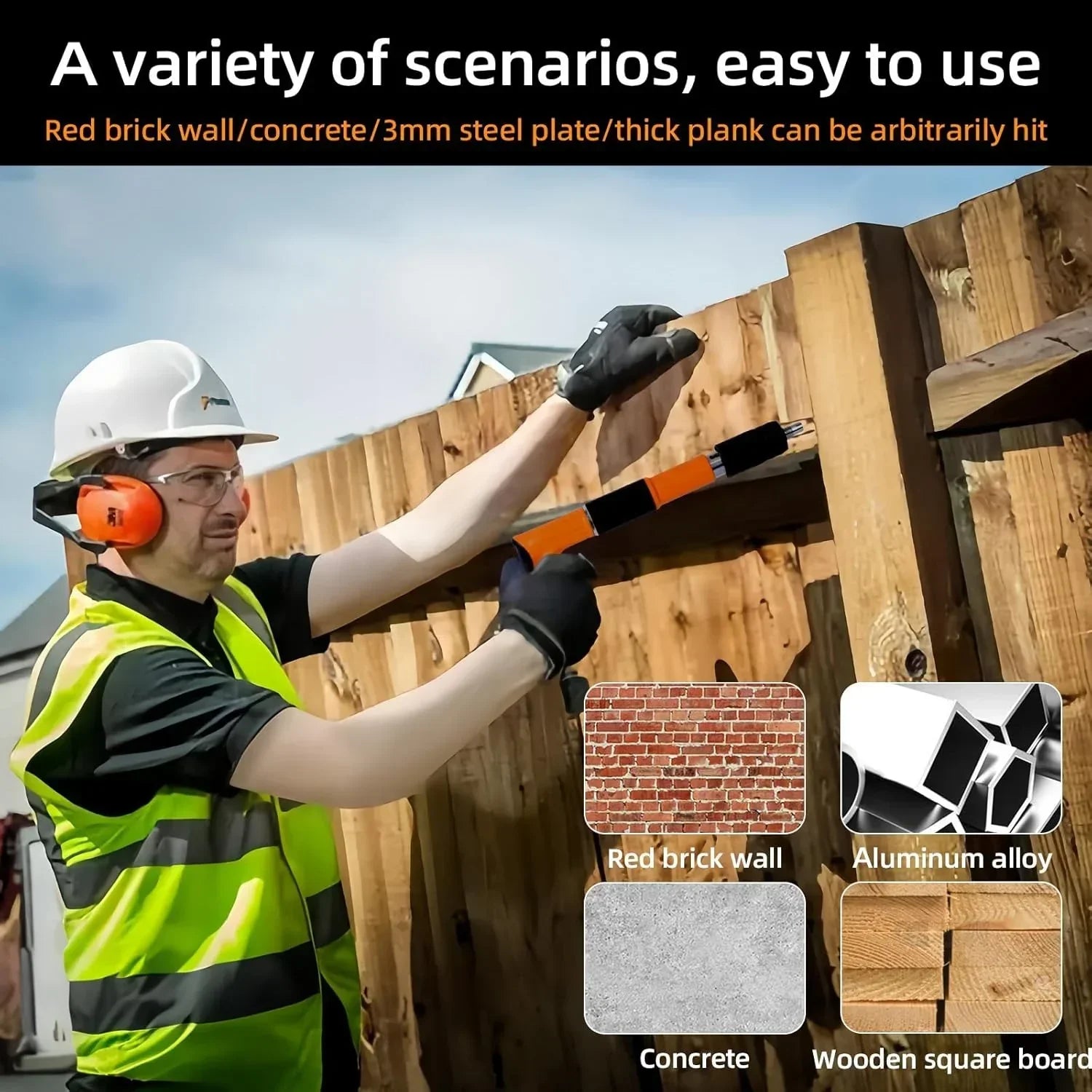 Worker in safety gear using hammer on thick wooden plank fence outside on a sunny day