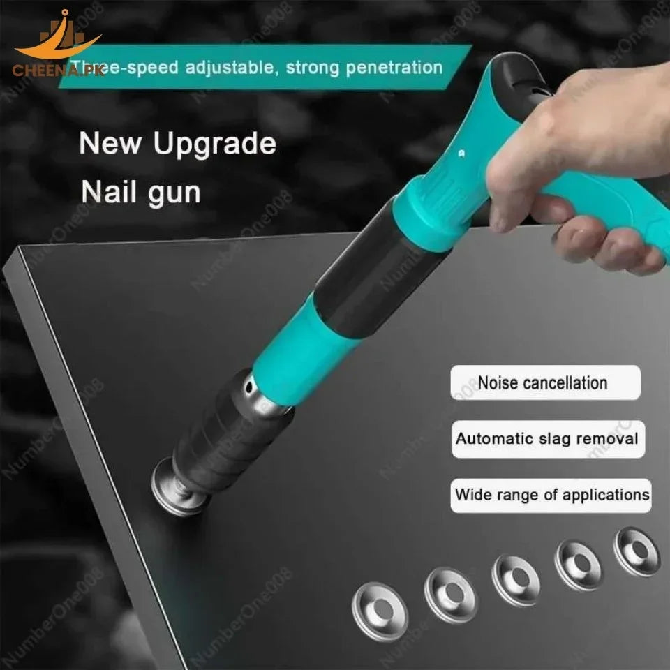 Hand using a blue and black nail gun on metal sheet with features like noise cancellation and slag removal