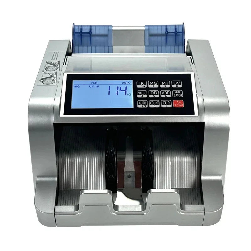 Silver automatic currency bill counter with digital display showing 114 and multiple control buttons