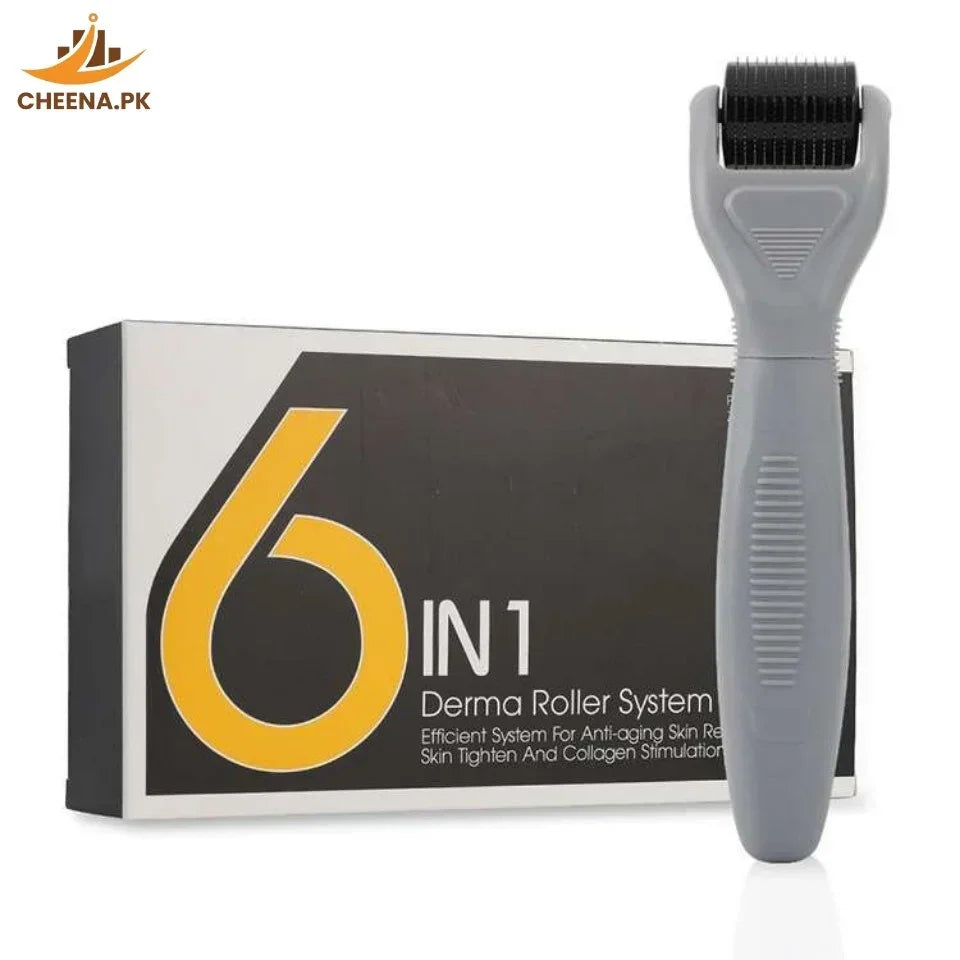 6 in 1 Derma Roller System with gray handle and packaging for anti-aging skin care