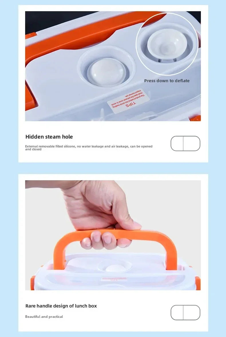 White lunch box with orange handle and hidden steam hole, demonstrating deflate button and grip