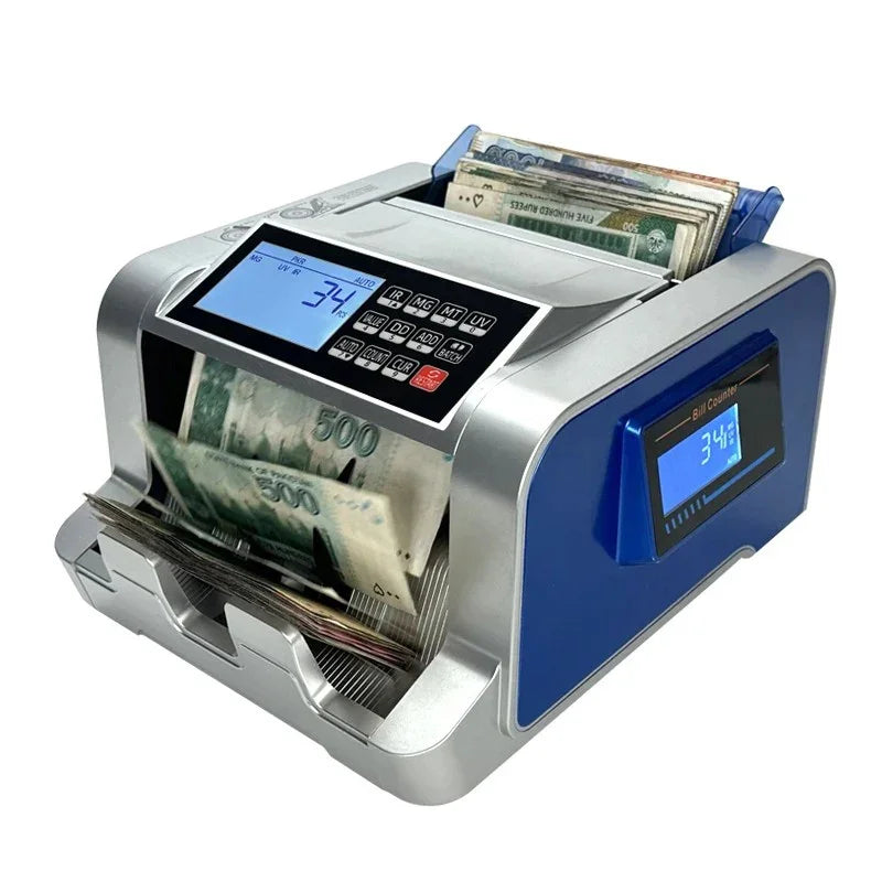 Blue and silver electronic bill counter machine counting 500 peso banknotes with digital display