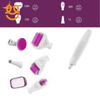 White and purple microneedling derma roller set with multiple interchangeable heads and precision attachments