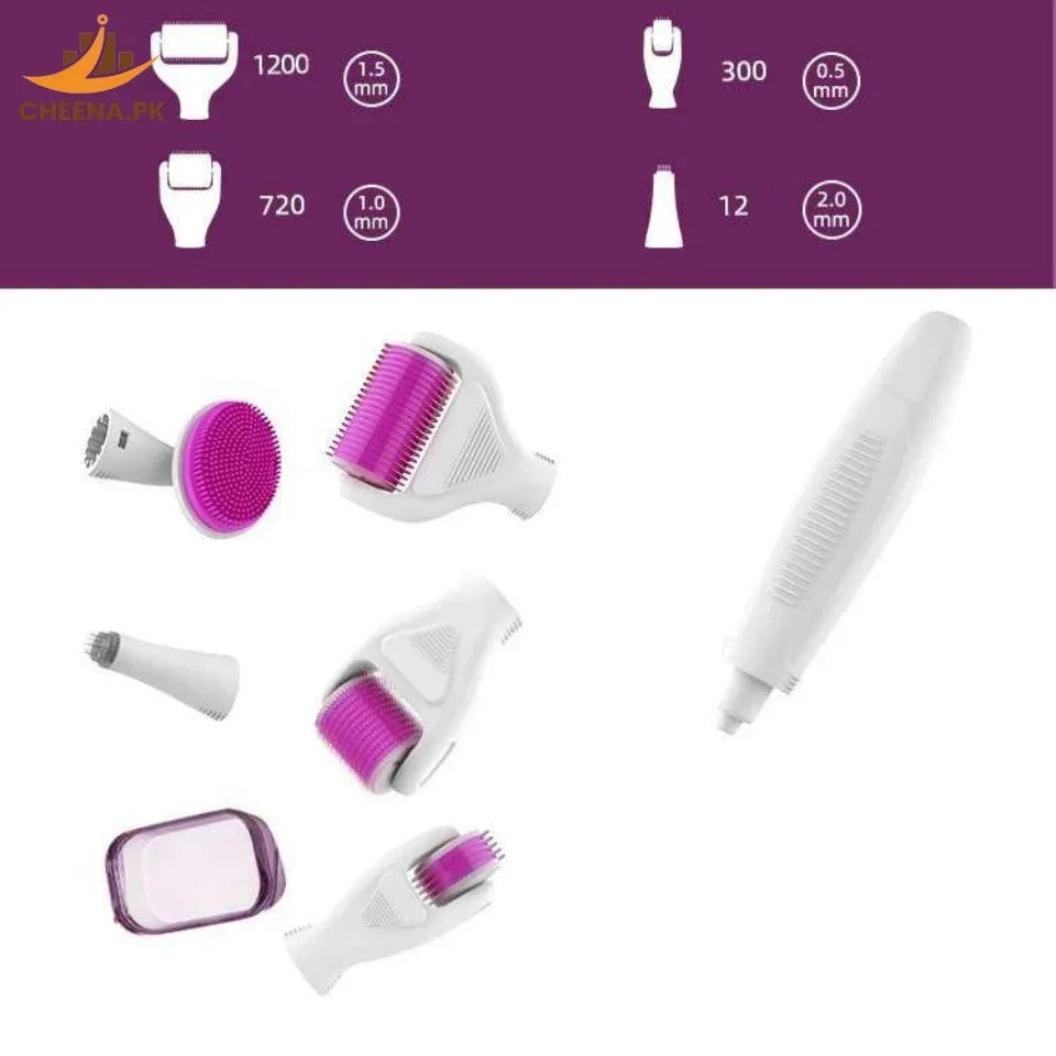 White and purple microneedling derma roller set with multiple interchangeable heads and precision attachments