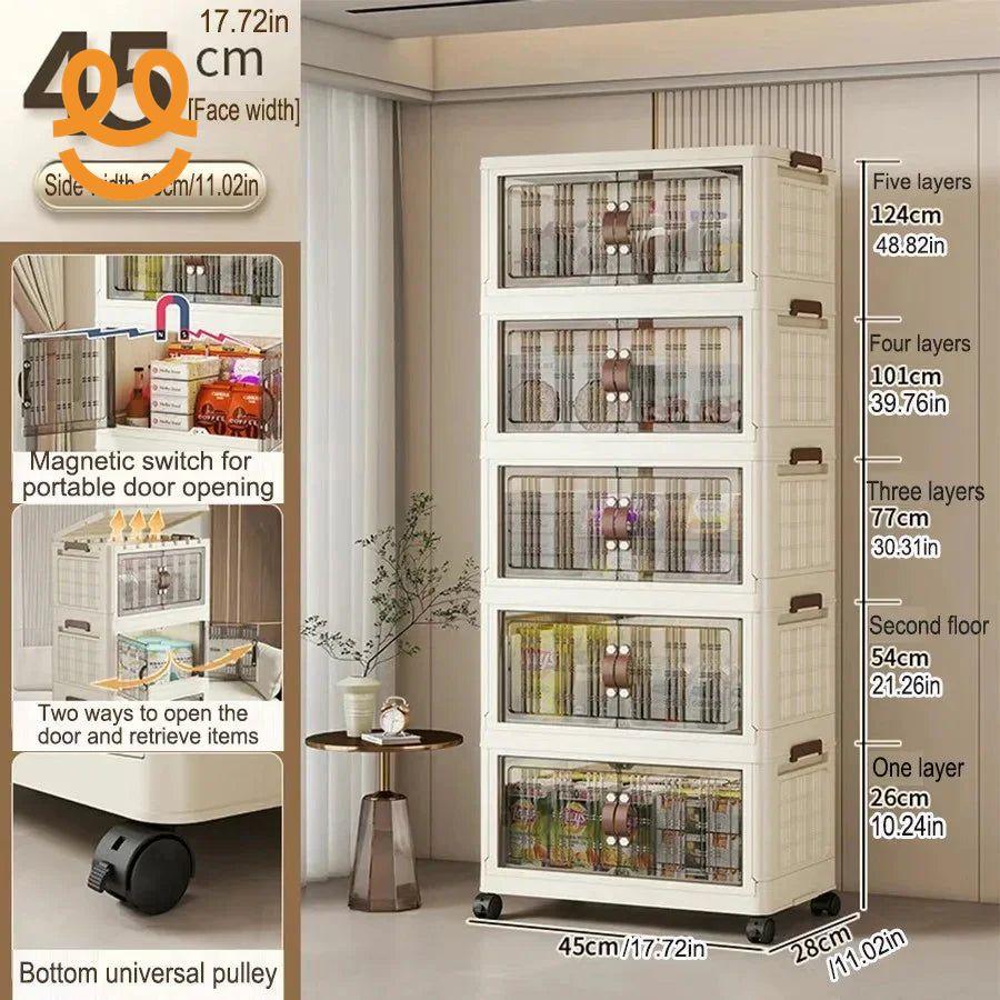 45cm wide five-layer white storage cabinet with transparent doors, magnetic switches, and bottom wheels