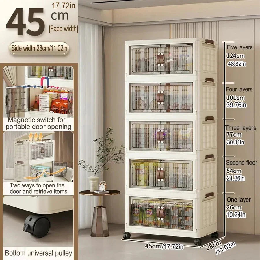 45cm wide five-layer white storage cabinet with transparent doors, magnetic switches, and bottom wheels