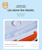 Close-up of an independent storage lunch box with a clear plastic spoon and orange latch on light blue background