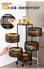 Black metal mesh 5-tier rotating kitchen storage rack with fruits, vegetables, and jars on wheels