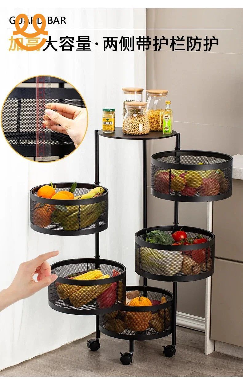 Black metal mesh 5-tier rotating kitchen storage rack with fruits, vegetables, and jars on wheels